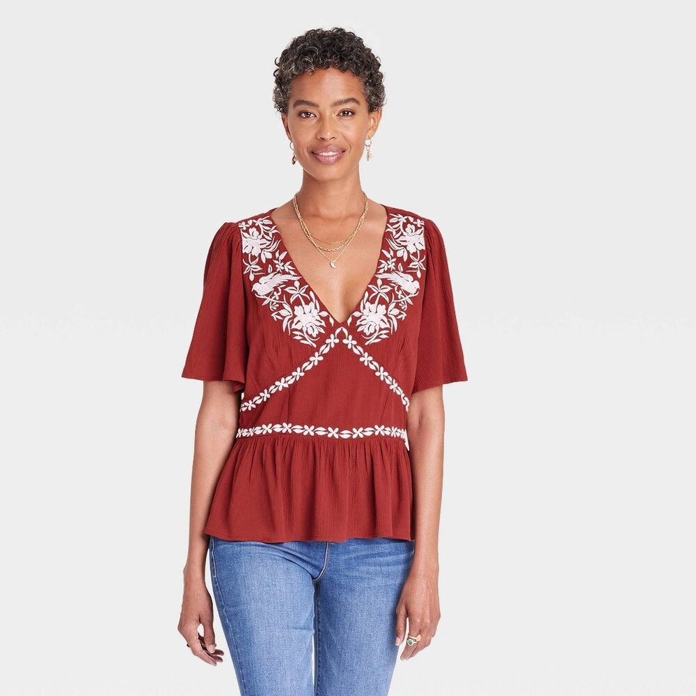 Knox Rose Women's‎ Babydoll Top Elastic Waist Embroidered Floral Shirt Top Large
